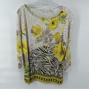 Susan Graver Liquid Knit Floral Yellow Black Cream Keyhole Shoulder Tunic Blouse